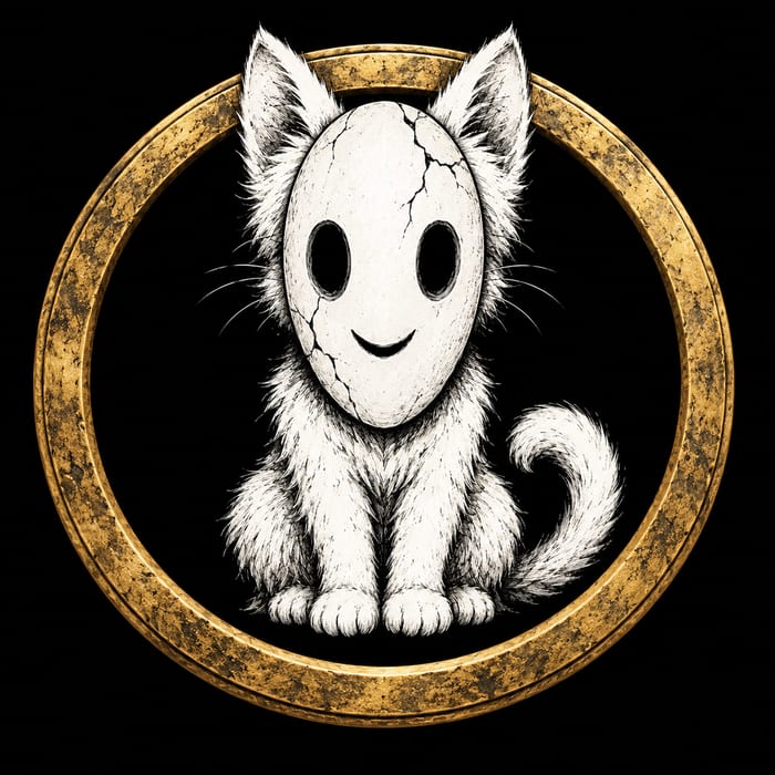 Maskitten logo on black, showing white pointed ears above an elongated white oval mask with black eye holes, a small black smile and thin black crack lines in rough ink.