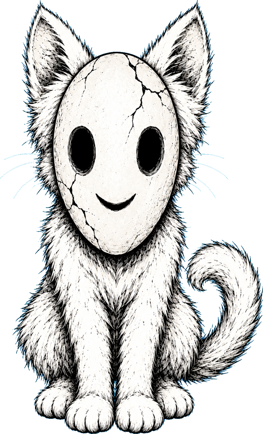 A small white kitten with pointed ears, compact paws and a curled tail, drawn in scratchy black-and-white ink on solid black. An elongated white oval mask fully covers its face, with black eye holes, a small black smile and thin black crack lines.