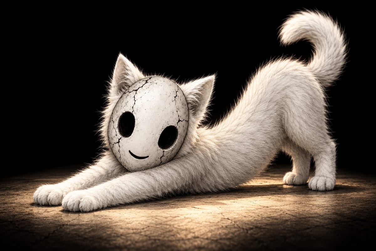 Maskitten poses curiously against solid black, with white ears above its unchanged oval mask and small paws and a curled tail below. Rough black ink strokes define its white fur.