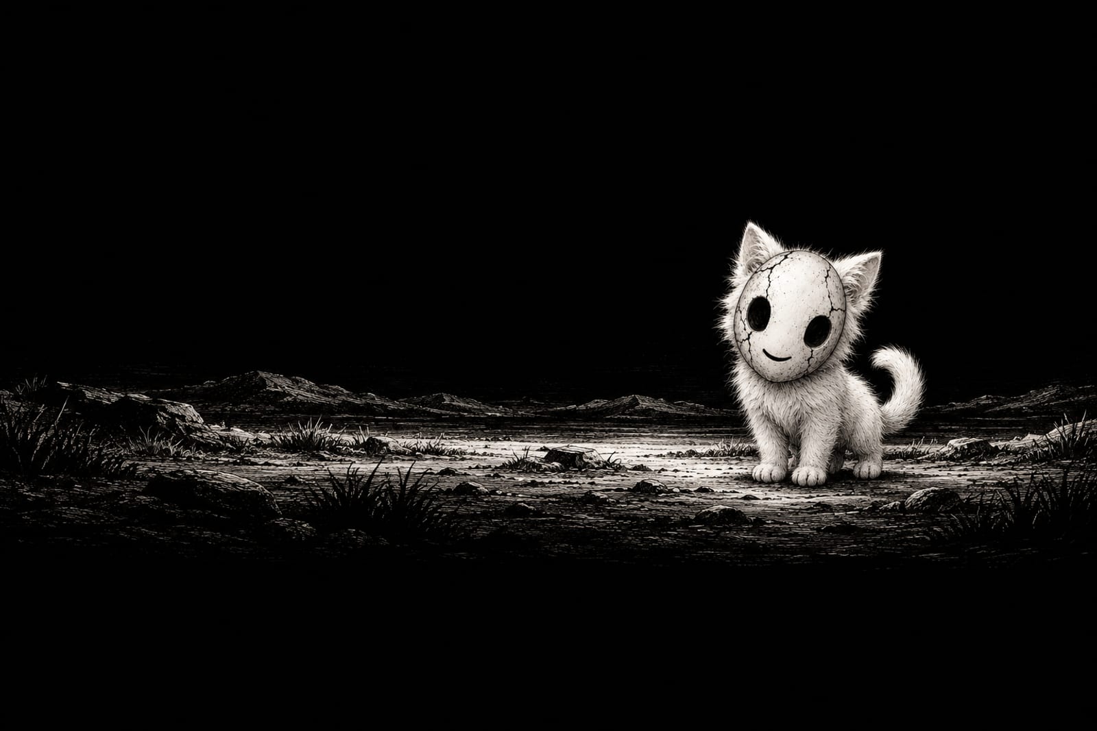 A small white kitten with pointed ears, compact paws and a curled tail, drawn in scratchy black-and-white ink on solid black. An elongated white oval mask fully covers its face, with black eye holes, a small black smile and thin black crack lines.